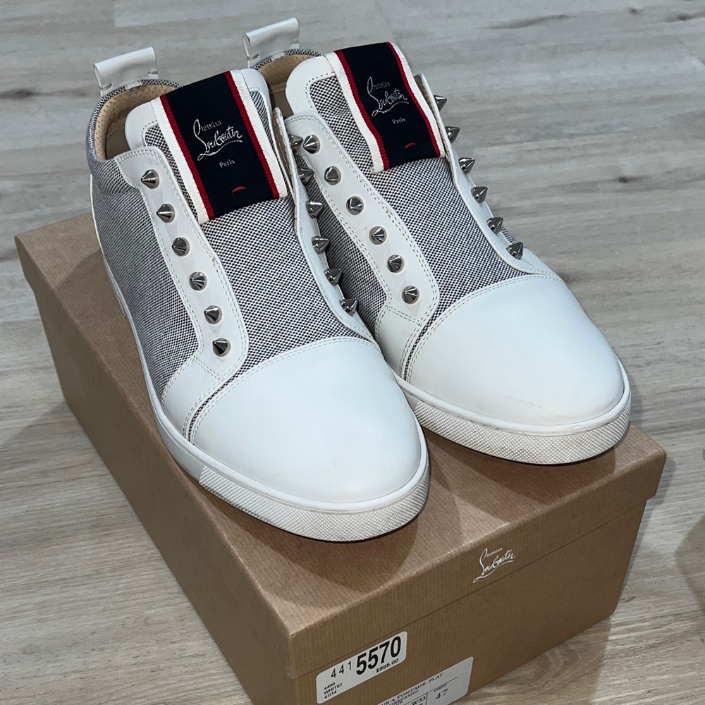 Christian Louboutin White and Gray Spiked Sneakers